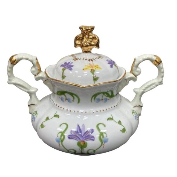 Lissi Kaplan Giftcraft China Crocus Sugar Pot & Creamer with Gold Top and Rim - Picture 10 of 16